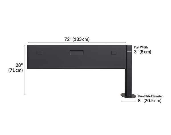 power beam extension 72 is 72 inches wide, 28 inches tall, and 3 inches deep, with a base plate diameter of 8 inches.