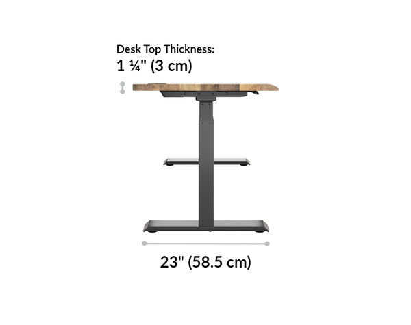 The t-style legs of the Ergo Electric Standing Desk 54x26 have a base of 23 inches