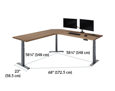 The L-Shape Electric Standing Desk walnut is 58 inches apart and 68 inches from leg to leg