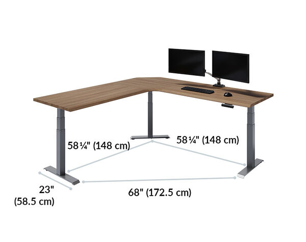 The L-Shape Electric Standing Desk walnut is 58 inches apart and 68 inches from leg to leg