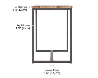Tabletop thickness is 1 and a quarter inches. Leg thickness is 1 and a half inches.