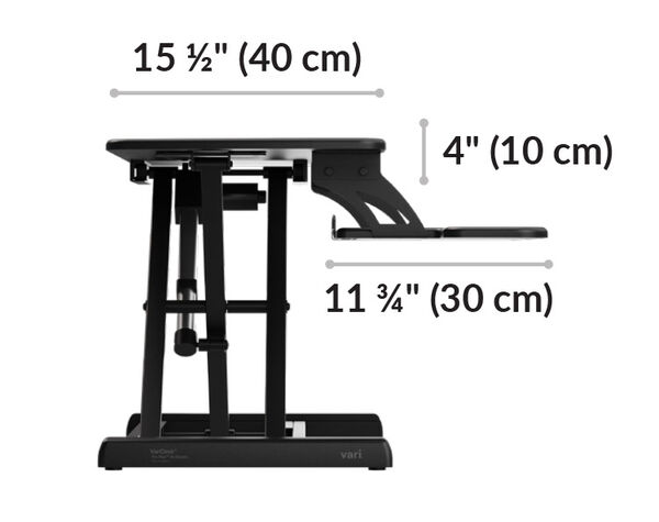Dimension image shows that the desk riser has a keyboard tray 11 3/4 inches deep