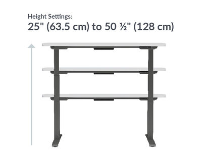 The base of the Electric Standing Desk ComfortEdge™ 60x30 White and Slate Legs goes from 25 inches to 50.5 inches tall