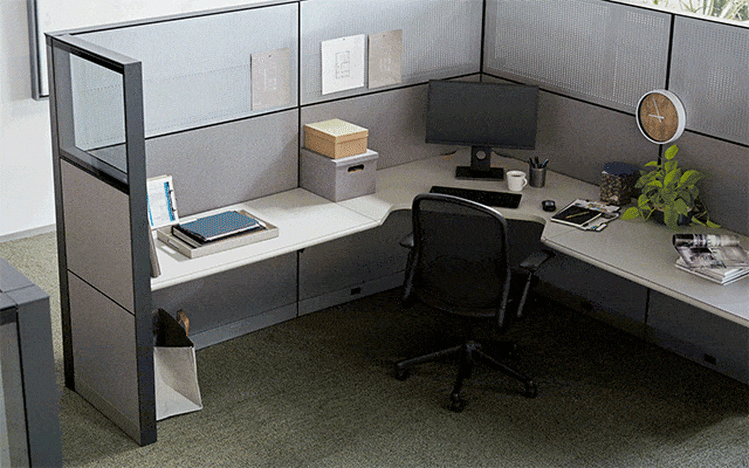 cubicle being transformed into an active workspace
