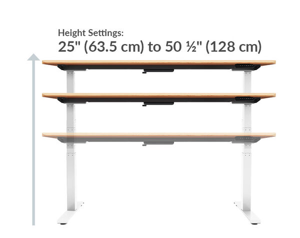 The height settings of the Electric Standing Desk 72x30 Reclaimed Wood range from 25 inches to 50.5 inches tall