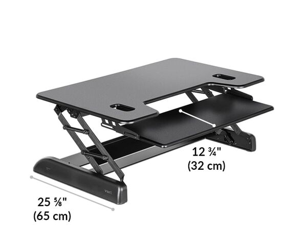 Varidesk tall 40 base length 25 and 5 eighths inches or 65 centimeters. Keyboard deck length 12 and 3 quarter inches or 32 centimeters.