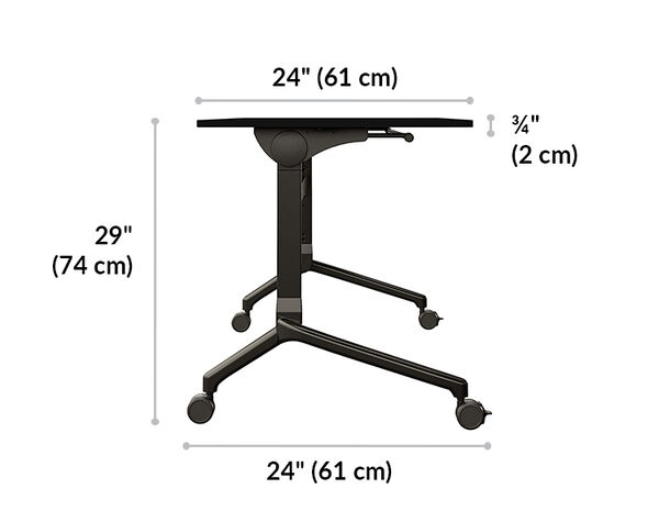 nesting table is 29 inches tall and 24 inches deep. Caster depth is 24 inches and desktop is 3 fourths inch thick