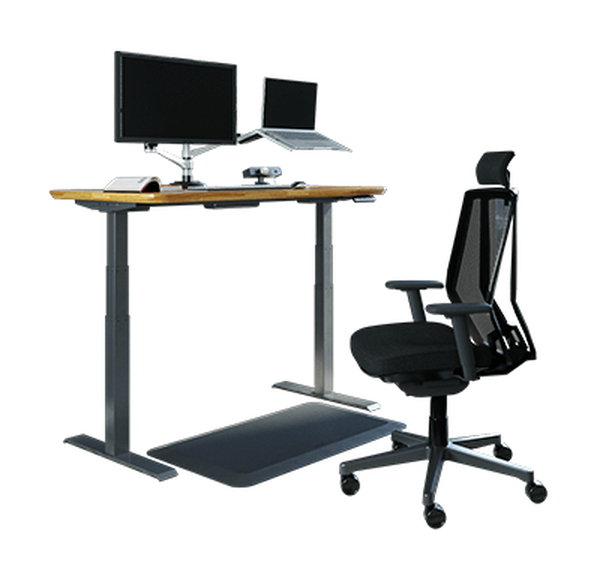 electric standing desk in butcher block paired with accessories for a home office