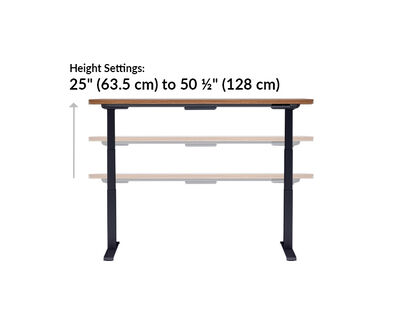 The base of the Electric Standing Desk with ComfortEdge™ 72x30 walnut with black legs goes from 25 inches to 50.5 inches tall