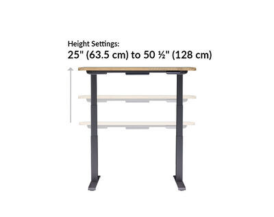 The base of the Electric Standing Desk with ComfortEdge 48x30 Reclaimed Wood goes from 25 inches to 50.5 inches tall