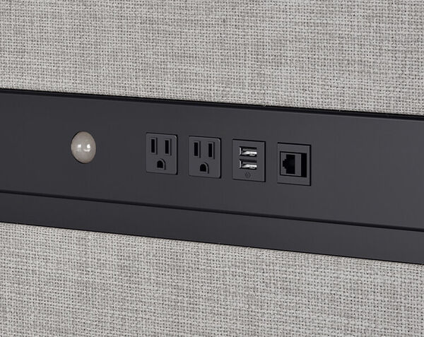 showing 2 AC outlets and port USB C inside of privacy booth