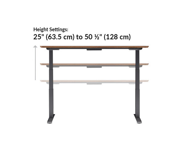 The height settings of the Electric Standing Desk 72x30 Walnut ranges from 25.5 inches to 50.5 inches tall