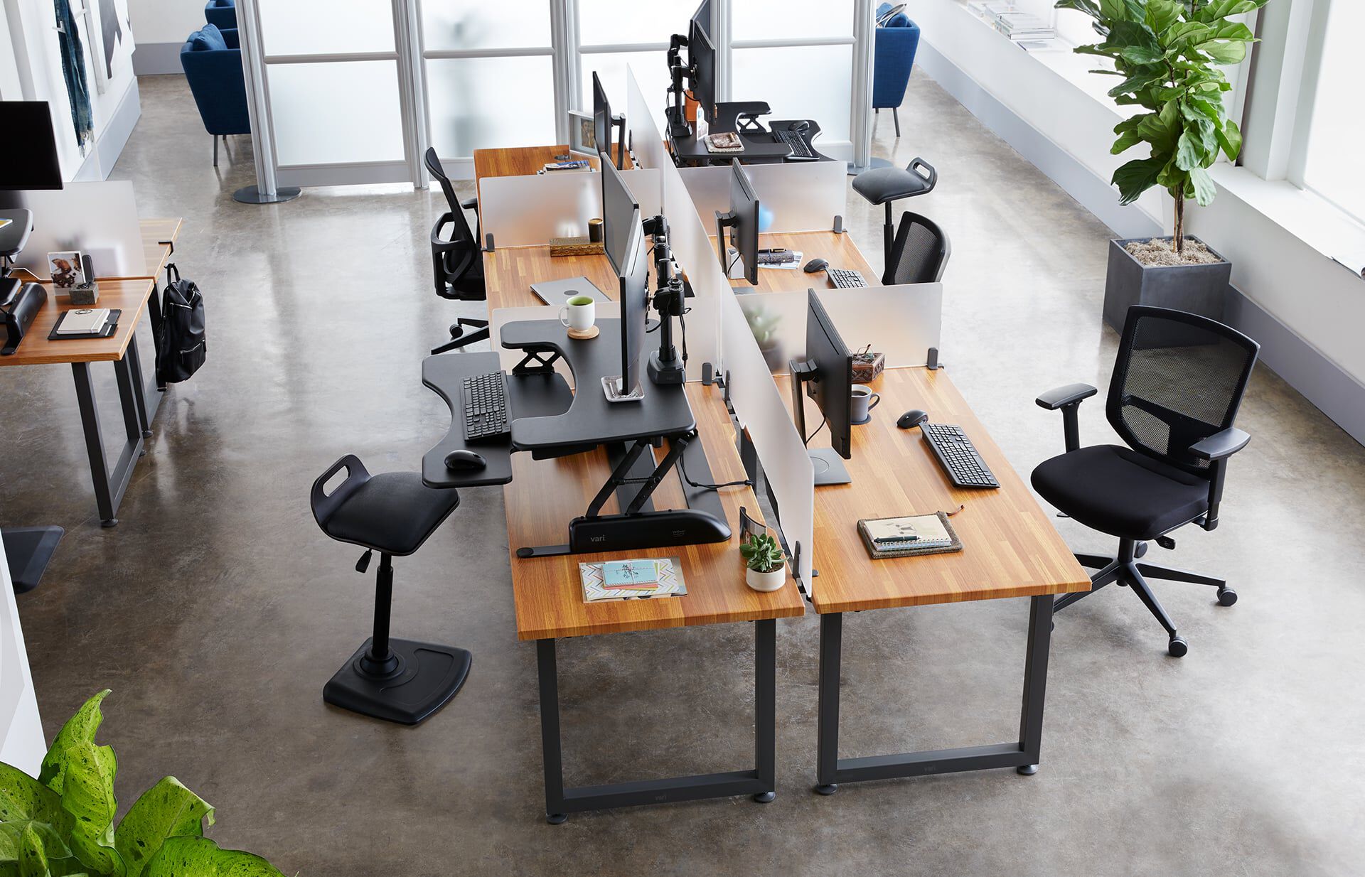 Open office layout with 6 vari tables 60 by 30