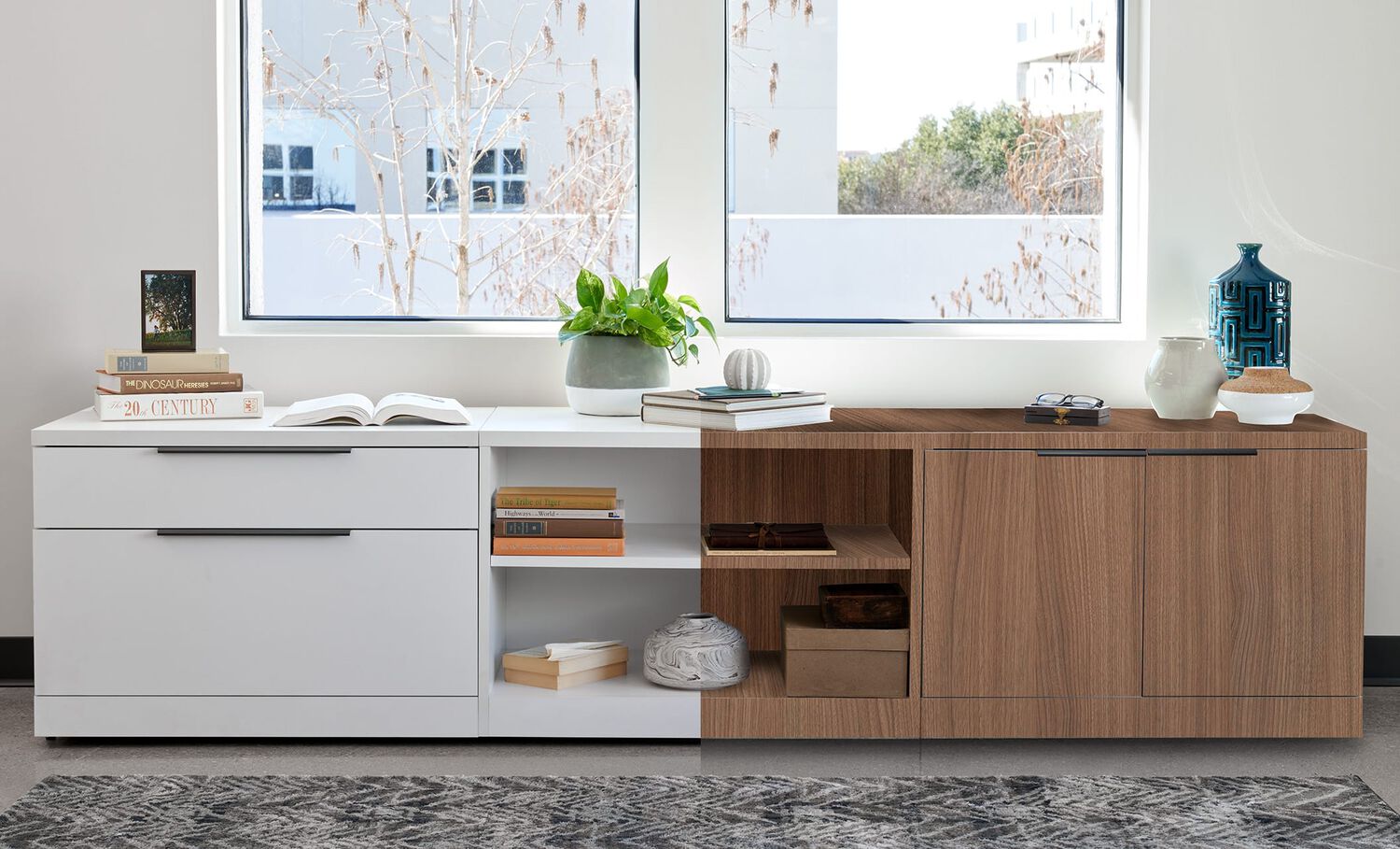 executive collection products shown in both available colorways, white and a neowalnut wood finish