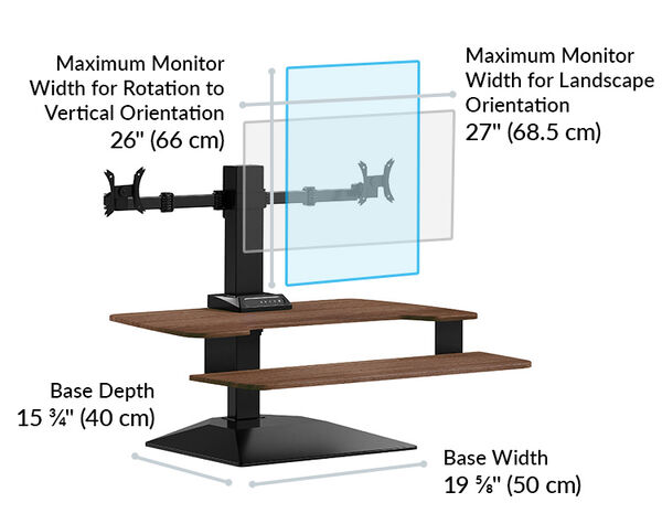 Dimension image shows that the base of the desk riser is 15 and three quarter inches deep and maximum monitor wide for vertical orientation is 24 inches and for 27 inches for landscape orientation