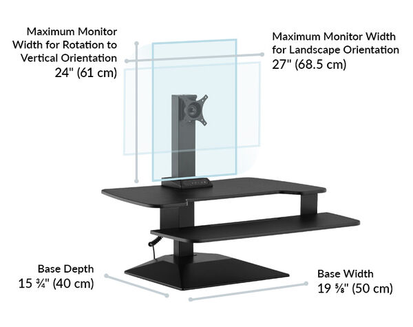 The maximum monitor width for rotation to vertical orientation is 24 inches and the landscape orientation is 27 inches and the base depth is 15 and three quarters deep and 19 and five eights wide