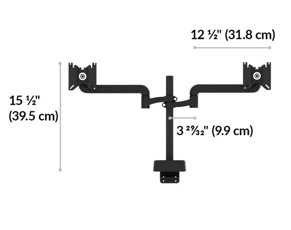Dual monitor arm dimension diagram showing height fifteen and one-half inches, width twelve and one-half inches, and pole-to-arm height three and twenty-nine thirty-seconds inches.