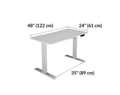 Essential electric standing Desk 48x24 is 48 inches wide and 24 inches deep. Space between legs is 35 inches wide.