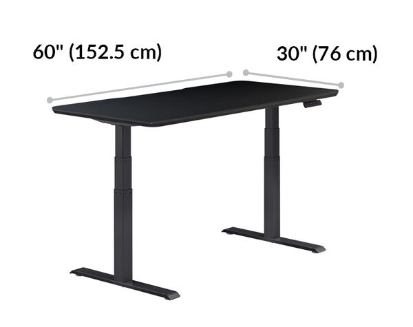 Electric Standing Desk 60x30 black with black legs is 60 inches wide and 30 inches deep