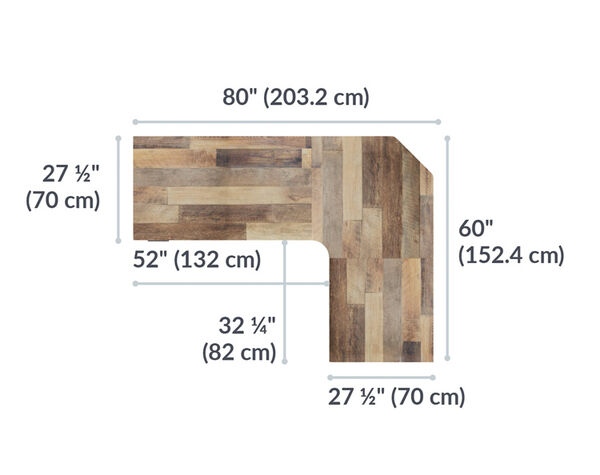 L-Shape Electric Standing Desk 72x30 Reclaimed Wood is 80 inches wide and 60 inches deep