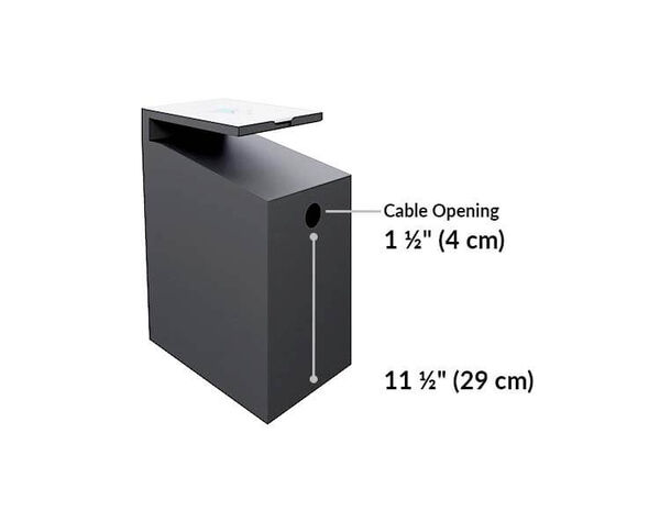 vari hanging desk cubby has a cable opening 1 and a half inches tall and a 11 and a half inches tall. 