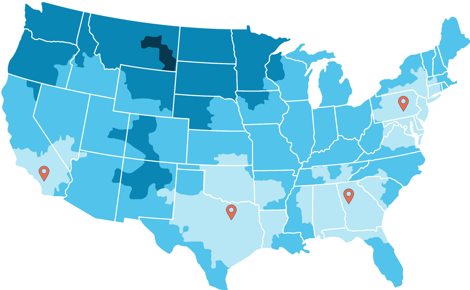 map showing the contiguous US with four distribution locations in southern calfornia, northern texas, Georgia, and pennsylvania. Areas nearest to these distribution locations can expect transit time of 1-2 days for shipping. Areas farthest from the distribution locations can expect transit times of 4-5 days for shipping. The map is a general representation of transit times. Deliveries may be delayed by unplanned events including weather and inventory availability. To inquire about expected delivery transit times for your order, please call us at 1-800-207-2587.