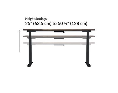 Electric Standing Desk 72x30 Reclaimed Wood height settings range from 25.5 inches to 50.5 inches tall