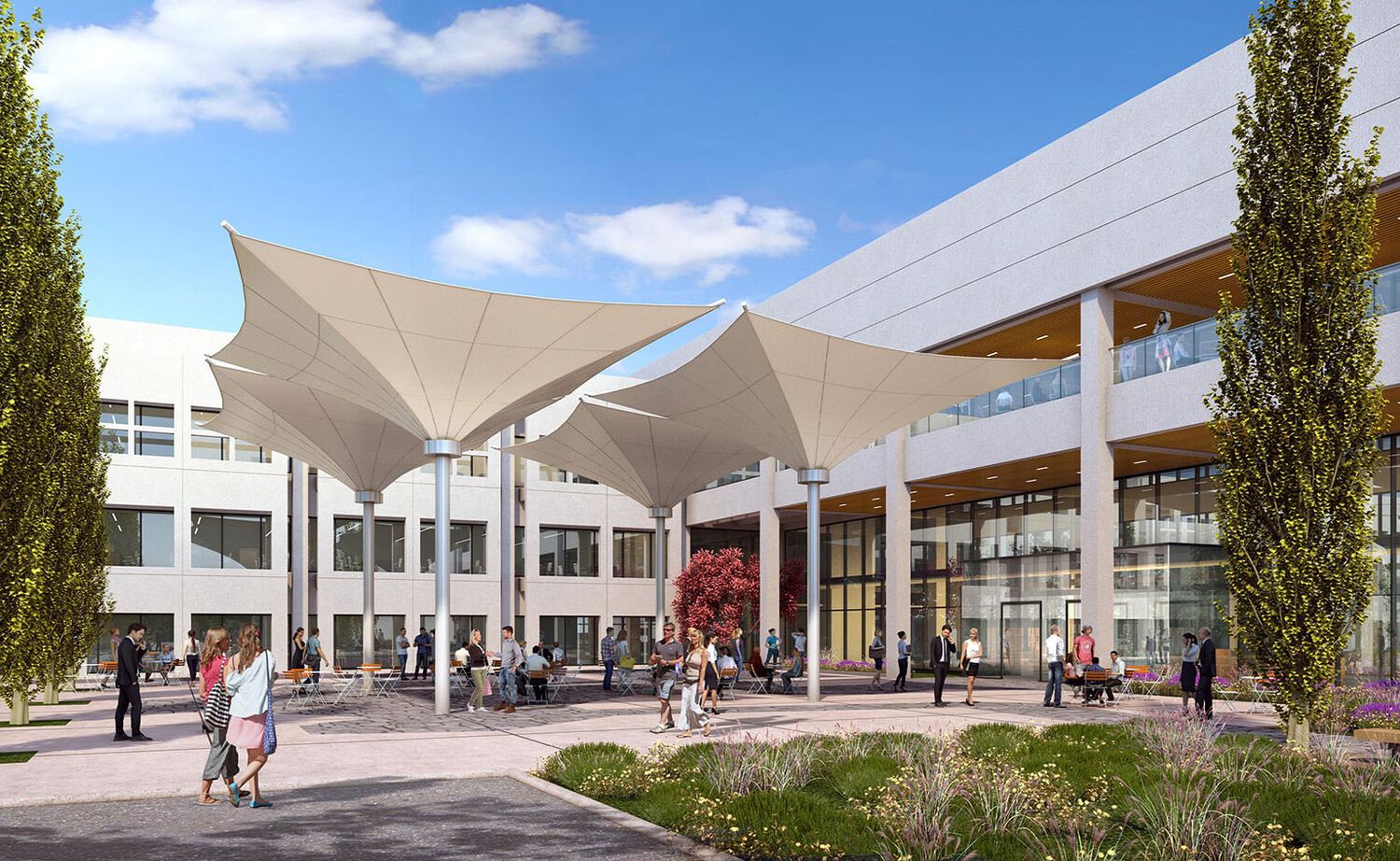 outside of a VariSpace campus in Las Colinas, Texas with people enjoying the common area