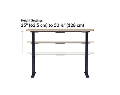 The base of the Electric Standing Desk with ComfortEdge™ 72x30 light wood with black legs goes from 25 inches to 50.5 inches tall