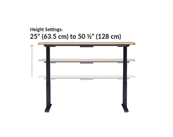 The base of the Electric Standing Desk with ComfortEdge™  72x30 light wood with black legs goes from 25 inches to 50.5 inches tall