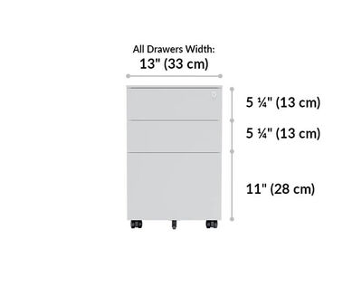 all drawers are 13 inches wide. Top 2 drawers are 5 and a quarter inches tall while the bottom drawer is 11 inches tall