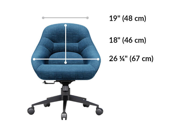 upholstered desk chair seat is 26 and a quarter inches wide. Seat back is 19 inches wide and 18 inches tall.