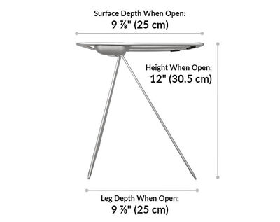 portable laptop stand suface depth when open is 9 and 7 eighth inches. Height when opn is 12 inches. Leg depth when opn is 9 a 7 eighth inches.