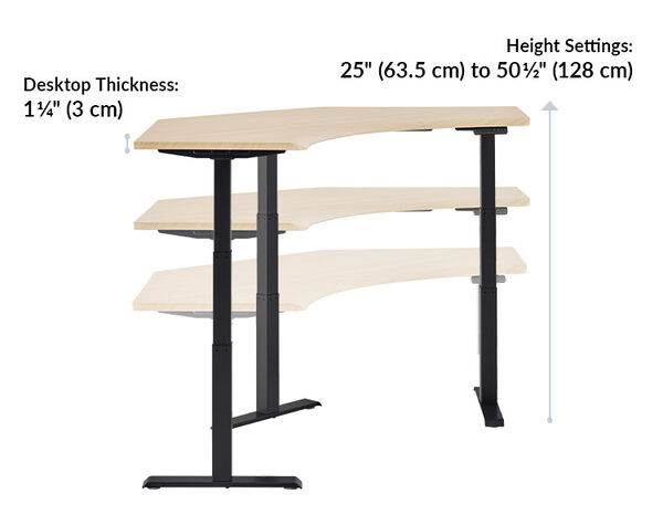 the command center desk has a desktop thickness of 1.25 inches and is height adjustable from 25 inches to 50 and a half inchesalf inches tall
