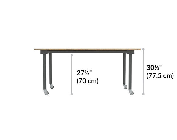 table is 30 and a half inches tall, and the clearance beneath is 27 and a half inches high