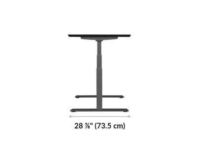 Electric standing desk base is 28 and 7 eighth inches long
