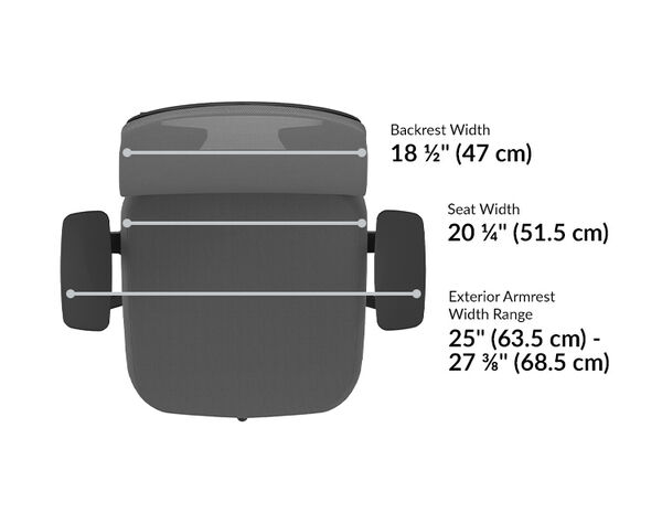 Top-down view of office chair showing backrest width 18½″ (47 cm), seat width 20¼″ (51.5 cm), and exterior armrest width range 25″–27⅞″ (63.5–68.5 cm).