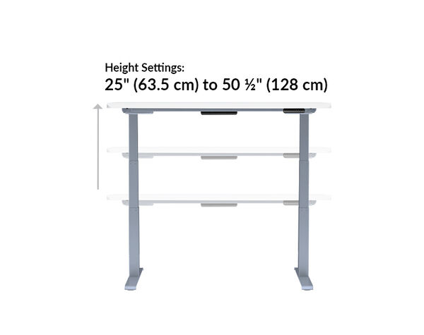 The base of the Electric Standing Desk ComfortEdge™ 60x30 White goes from 25 inches to 50.5 inches tall
