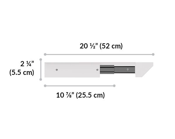 side view of vari desk drawer is 2 and a quarter inches tall and total wide of 11 and a quarter inches