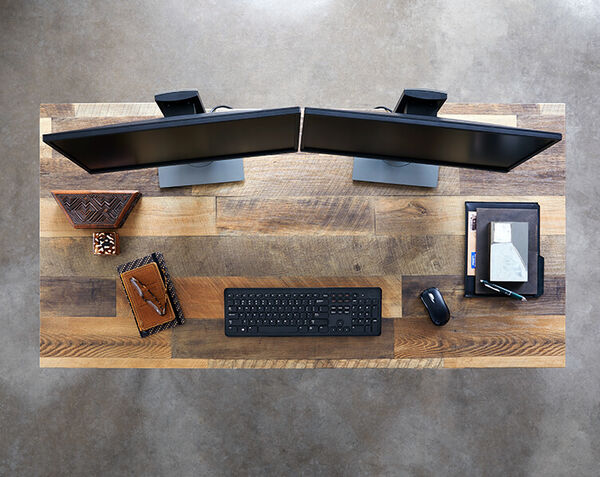 overhead view of standing work table in reclaimed wood finish