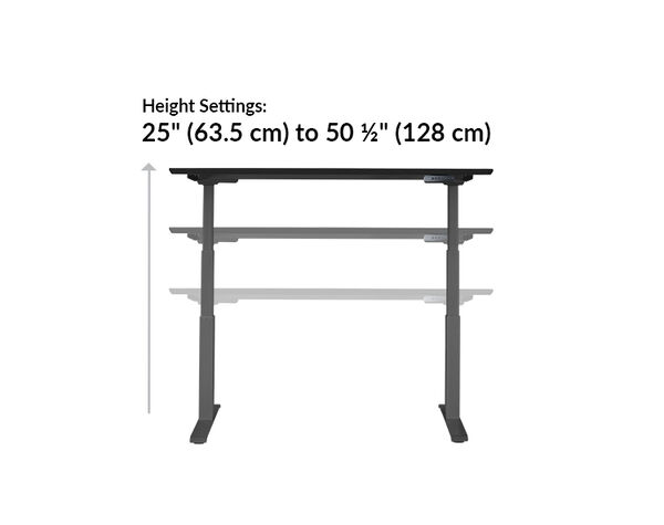 Vari electric standing desk height settings range from 25 to 50 and a half inches