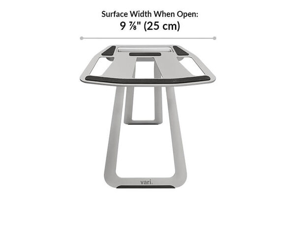 portable laptop stand surface width when open is 9 and 7 eighth inches