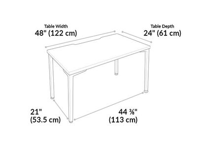 QuickPro Table 48 is 48 inches wide and 24 inches deep. Between leg depth is 21 inches and width is 44 and 3 eighth inches wide.