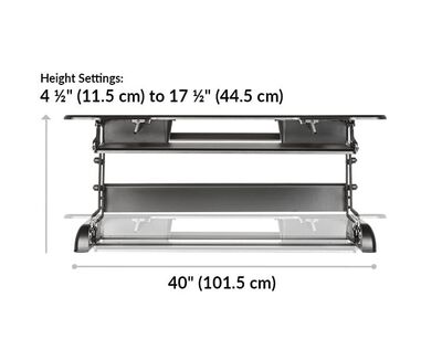 Varidesk Cube Plus 40 height 4 and a half inches or 11 and a half centimeters to 17 and a half inches or 44 and a half centimeters