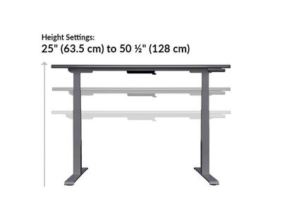 The Curve Electric Standing Desk 60x30 height ranges from 25 inches to 50.5 inches tall