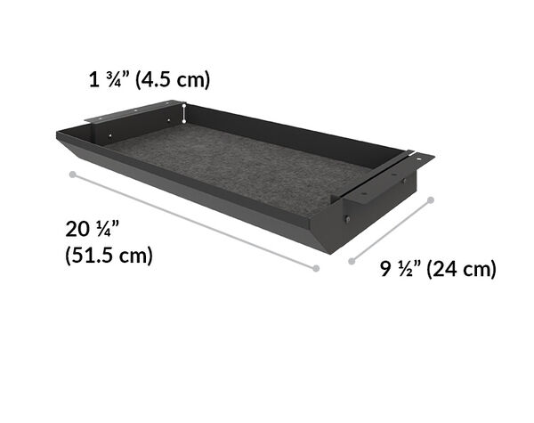 vari desk drawer is 20 and three quarter inches wide, 1 and three quarter inches tall and 9 inches deep