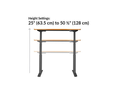 Electric standing desk height settings range from 25 inches to 50 and a half inches