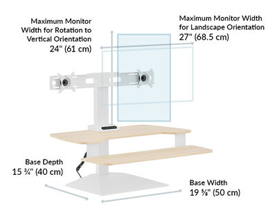 Dimension image shows that the base of the desk riser is 15 and three quarter inches deep and maximum monitor wide for vertical orientation is 24 inches and for 27 inches for landscape orientation