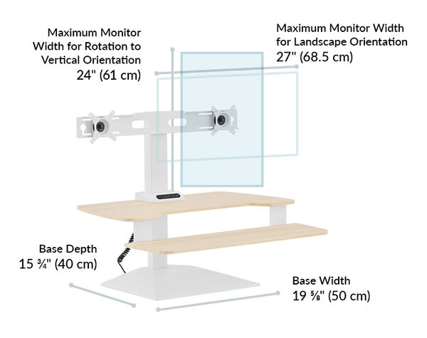 Dimension image shows that the base of the desk riser is 15 and three quarter inches deep and maximum monitor wide for vertical orientation is 24 inches and for 27 inches for landscape orientation