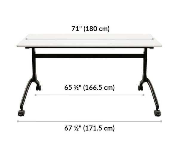 flip top training table 6 foot is 71 inches wide. Leg width is 65 and a half inches and 67 and a half inches.
